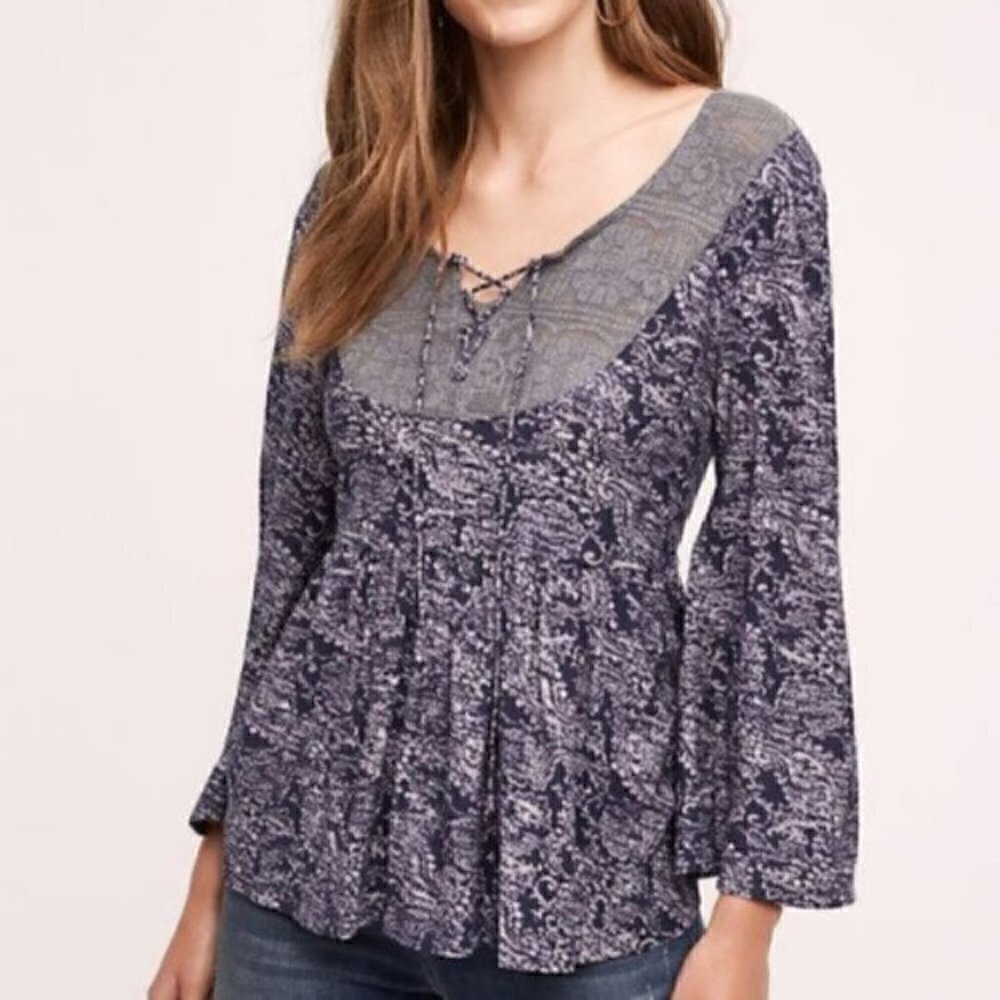 Anthropologie Akemi + Kin Blue Marcella Boho Bell Sleeve Baby Doll Top